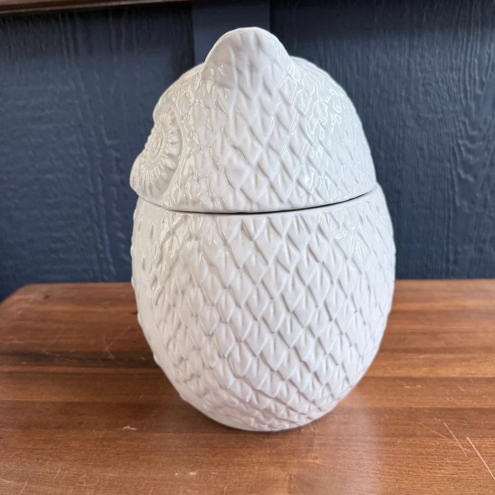 West Elm Owl Cookie Jar Canister White Ceramic Excellent Textured Feather Detail